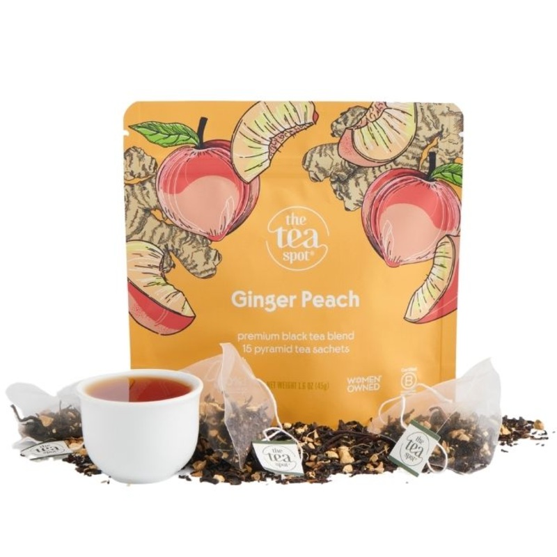 Ginger Peach Tea|Sample, 5 teaspoons|Bulk, 1/4 LB|Bulk, 1 LB|15 Sachets|50 Sachets|Iced Tea Pouches – 2 units (1 gal.)|Iced Tea Pouches – 24 units (12 gal.)