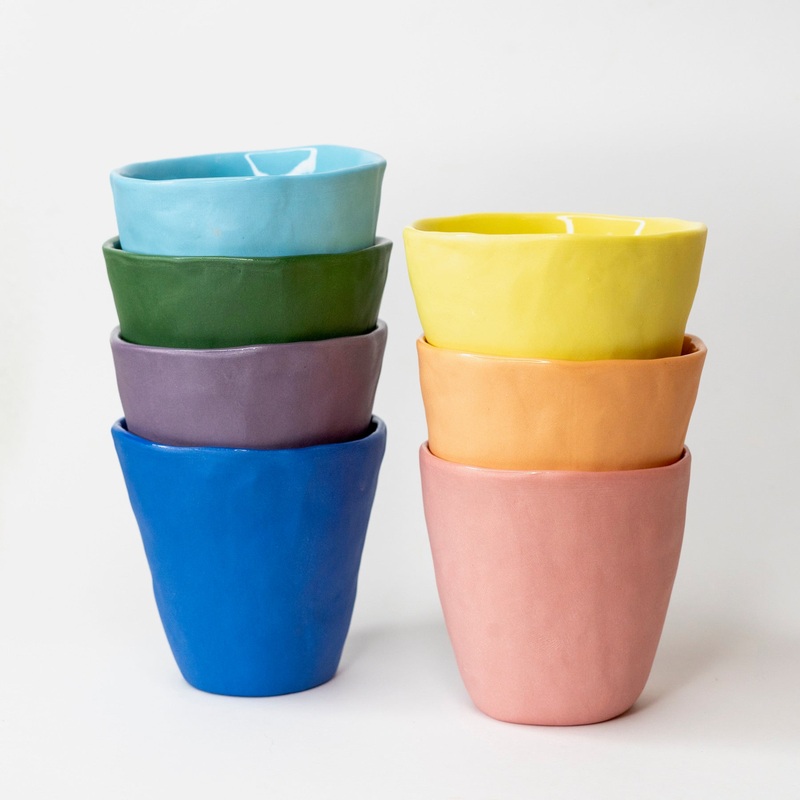 Colourful porcelain teacup|yellow|pink|peach|forest|cobalt|purple|cyan