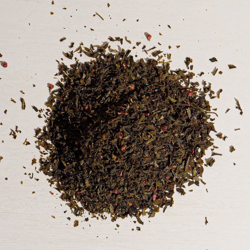 Raspberry Green Tea|1 oz loose tea sample|4 oz bag of loose tea|4 oz tin of loose tea|8 oz bag of loose tea|16 oz bag of loose tea|4.4 lb (2 kg) bag of loose tea
