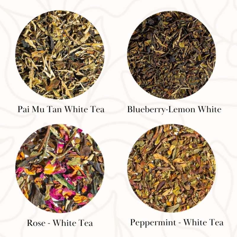 White Tea Sampler|4 – 1oz Bags of Loose Tea|4 – 1oz Bags of Loose Tea in Gift Box With Infuser