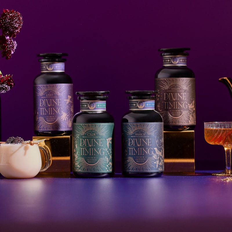 Divine Timing Tea Bundle|Sampler Pouch Bundle|Luxe Refill Pouch Bundle|Violet Glass Apothecary Jar Bundle