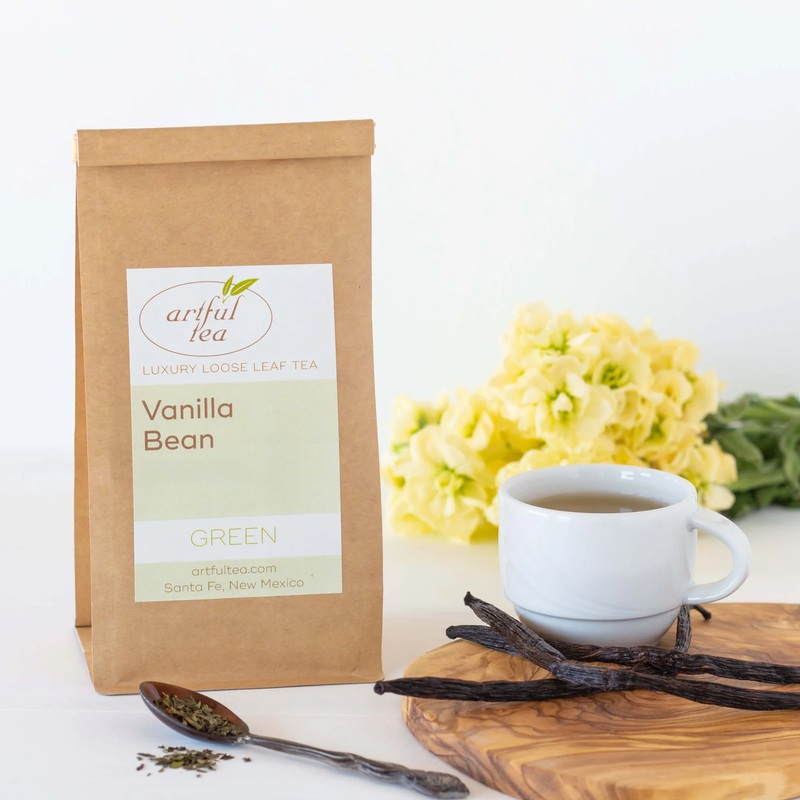 Vanilla Bean Green Tea|Small – 4 oz Kraft Bag|Small – 4 oz Tin|Medium – 8 oz Kraft Bag|Large – 16 oz Kraft Bag